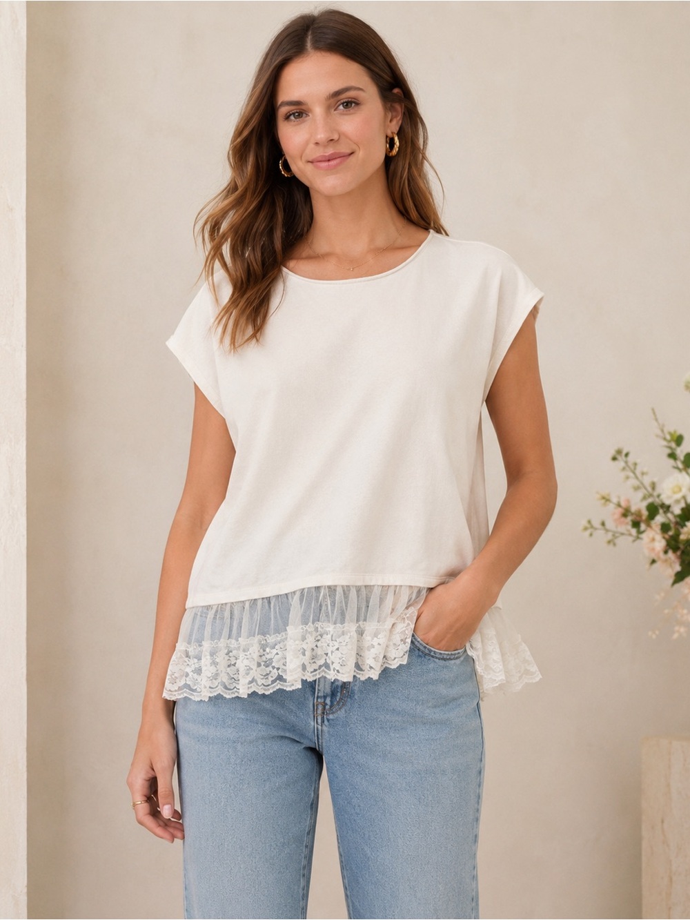 Anthropologie Ivory Lace Tulle Ruffle Hem Top Blouse Size M Romantic Coquette